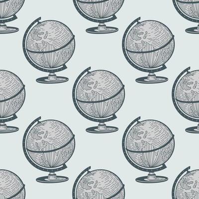 The globe engraved seamless pattern. Vintage background old atlas earth in hand drawn style.