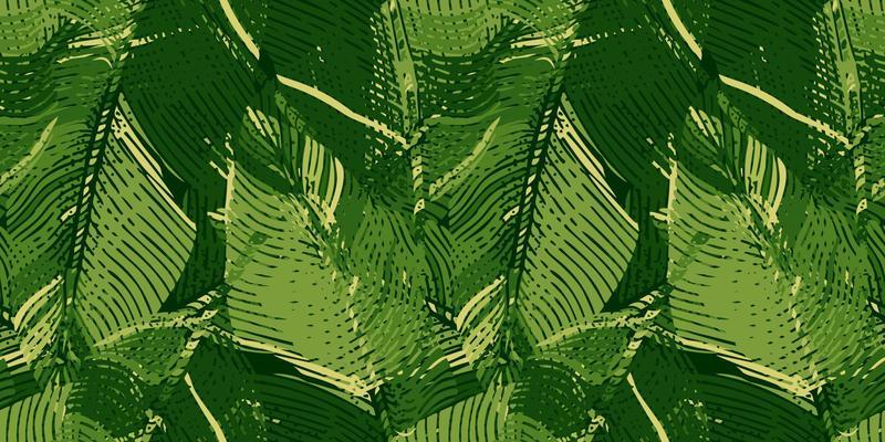 Abstract banana leaf seamless pattern. Engraving camouflage botanical background.