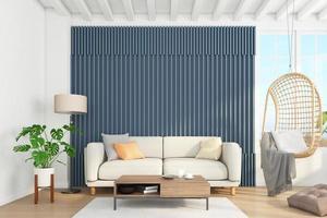 Minimalist living room with blue-gray slat wall and sofa, hanging chair and floor lamp. 3d rendering