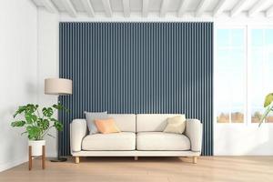 sala de estar minimalista con pared de listones gris azulado y sofá, lámpara de pie. representación 3d foto
