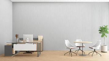 sala de oficina minimalista con escritorio de madera y mesa de conferencias pequeña. representación 3d foto