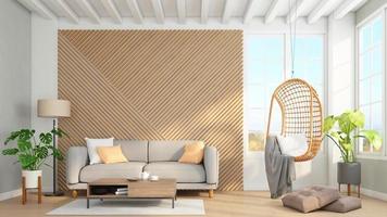 Minimalist living room with wood slat wall and sofa, hanging chair and floor lamp. 3d rendering