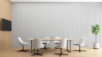 sala de reuniones con mesa de conferencias minimalista, pared gris y suelo de madera. representación 3d foto