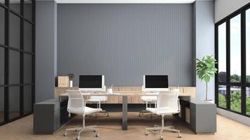 sala de oficina moderna con escritorio y computadora, pared de listones grises y gabinete de madera incorporado. representación 3d