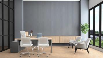sala de gerente moderna con escritorio y computadora, sillón, pared de listones grises y gabinete de madera incorporado. representación 3d foto