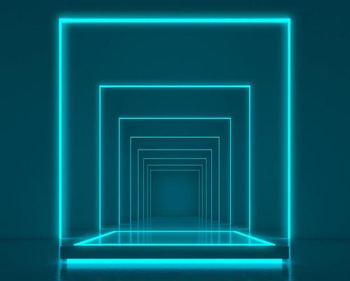 Futuristic sci-fi empty podium room with for product presentation.3d rendering