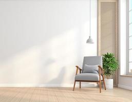 habitación vacía de estilo minimalista con sillón y pared blanca. suelo de madera y planta verde interior. representación 3d foto