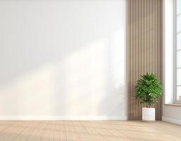 habitación vacía minimalista con paredes blancas y suelo de madera y plantas verdes interiores. representación 3d foto