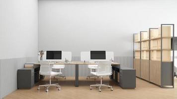 Minimalist office room with desk set and wood filing cabinet. 3d rendering photo