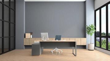 sala de gerente moderna con escritorio y computadora, pared de listones grises y gabinete de madera incorporado. representación 3d
