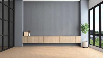 Modern empty room with gray slat wall and built-in wooden cabinet. 3d rendering photo