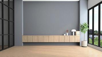 Modern empty room with gray slat wall and built-in wooden cabinet. 3d rendering photo