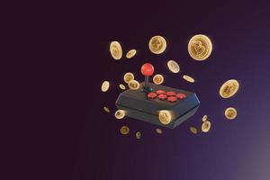 Game controller. Play to earn in metaverse and Crypto coins float in the air. 3D Render illustration photo