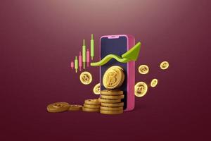 los teléfonos inteligentes y las inversiones dan mejores resultados para obtener monedas criptográficas. ilustración de procesamiento 3d foto