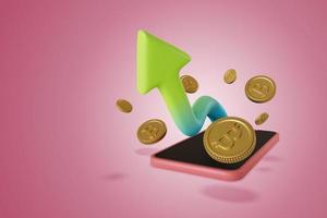 smartphone and profits up Along with receiving crypto coins. 3D Render illustration photo