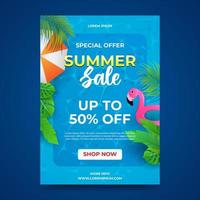 Summer sale flyer design template with tropical leaves on pool background vector