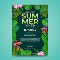 Summer party flyer or poster template with flower and tropical leaves.