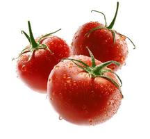 los tomates rojos levitan sobre un fondo blanco foto