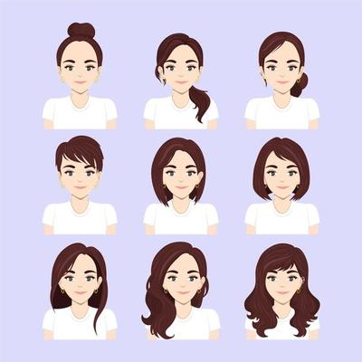 Beautiful young woman portrait modern fashion long hair, short hair, curly hair salon hairstyles and trendy haircut vector icon set isolated on light blue background. 8013024 Vector Art at Vecteezy Beautiful young woman portrait modern fashion long hair, short hair, curly hair salon hairstyles and trendy haircut vector icon set isolated on light blue background. 8013024 Vector Art at Vecteezy