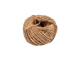 coiled raw rope Made of various fibers into a long rope. For brown crafts, white background isolated, clipping path, studio shot. photo
