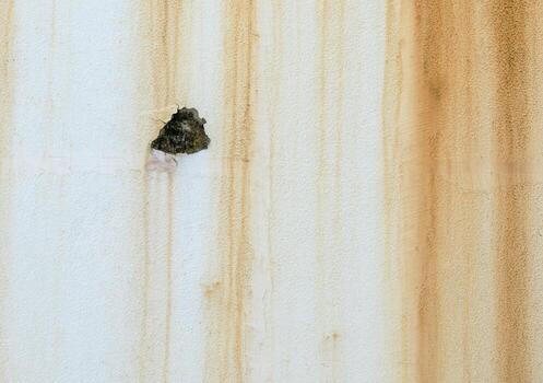 old wall texture There are traces of moisture causing delamination. There is a long line of rust stains running down vertically. photo