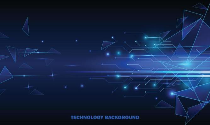 Abstract technology concept particle connection background with blue lights.