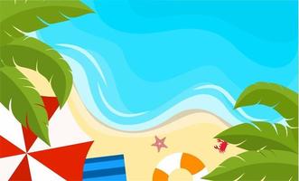 Summer background flat design with beach view. Summer vacation poster. Vector illustration of tropical beach with umbrella, swim ring, palm leaf, starfish, crab and sea
