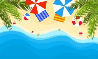 Summer background flat design with beach view. Summer vacation poster. Vector illustration of tropical beach with umbrella, swim ring, ball, palm leaf, starfish, crab and sea
