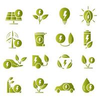 Green ecology symbols. Eco friendly related icons. Solar, wind, water and other clean energy. Green technology and environment icons vector