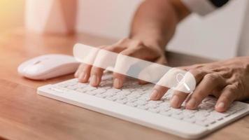 The concept of using technology to search for information, a man's hand is using a smartphone to search for information on social media via the Internet online. photo