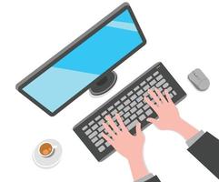 ilustración trabajando escribiendo en la pantalla de la computadora monitor mouse teclado manos café taza oficina moderno negocio tecnología digital dispositivo vector