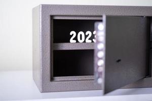 Robust metal safe with empty space inside. photo