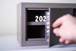 Robust metal safe with empty space inside. photo