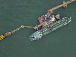 Cargo tanker ship marine vessel docking and oversea berth mooring platform for petroleum and crude oil industry from top view photo