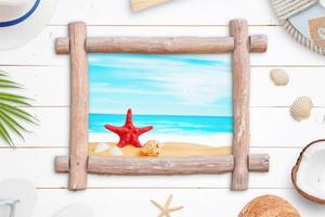 Tropical beach window like wooden frame surrounded by summer vacation accessories photo