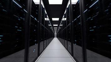 potente sala server nel moderno data center. rendering 3d di archiviazione dati di cloud computing. rack di rete. server di dati dietro pannelli di vetro in una sala server. video