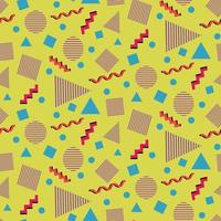 Abstract geometric shapes seamless pattern in neon pink, red and blue on yellow background in 90s fashion style. Great for posters, website background, gift wrapping paper and 90s party theme vector