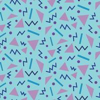 Abstract geometric shapes seamless pattern in neon pink and navy blue over turquoise background in 90s style.