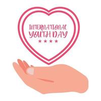 International Youth day celebration, youth day special vector design with love shape, hands design with red love shape vector illustration, font design of international youth day.