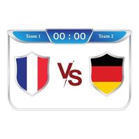 France VS Germany football match scoreboard with shield shape blue color lower thirds template for sports like soccer and football. Vector illustration scoreboard broadcast lower thirds template.