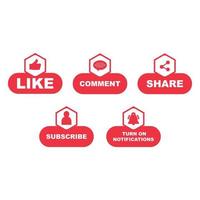 Subscriber button collection with multiple shapes. Red color button collection with like, comment, and share icon. Red color simple social media button collection. vector