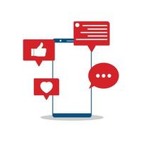 Social media button design elements. Love, like, and comment social media button stylish vector design. Red color shade vector illustration of social media button with a mobile phone.