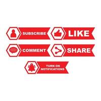 Subscriber button collection with multiple ribbon shapes. Red color button collection with like, comment and share icon. Simple red color social media button collection. vector