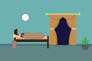 Man using mobile before sleep at night under blanket vector. Home interior vector with a clock, table lamp, big window, and bed. Man lying flat character illustration with a smartphone in his hand.