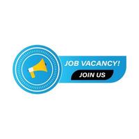 Job vacancy vector with blue color shade, hiring concept with mike speaker, join us inside the black shape, job vacancy hiring concept font design.Job vacancy vector with blue color