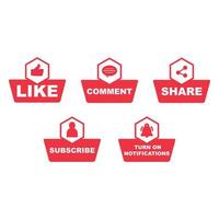 Subscribe button collection with the like, share, and comment section. Red color button collection for social media posts. Metallic red color design for social media.
