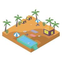 Diseño vectorial de piscina 2.5d con el concepto de resort, vector de piscina con forma de 2.5d, piscina con cocotero en verano.