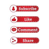 diseño de vector de colección de botones de estilo 3d de suscriptor. colección de botones de suscriptor de color rojo y blanco. elementos de botón de redes sociales con secciones de Me gusta, compartir y comentar.