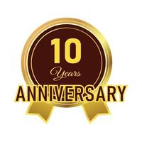 10-year Anniversary badge design with golden gradient color. Anniversary royal badge design with a shield shape. Golden and Black badge design with ribbon vector illustration.