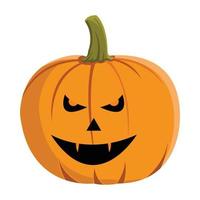 diseño de calabaza con ojos de diablo aterradores y dientes afilados para el evento de halloween con color naranja y verde. diseño redondo de linterna de calabaza con cara sonriente sobre un fondo blanco para halloween. vector
